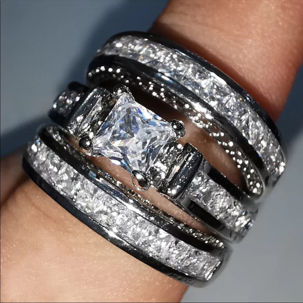 *NEW*3pc Set 925 Silver Princess Cut Diamond Ring - Picture 3 of 3